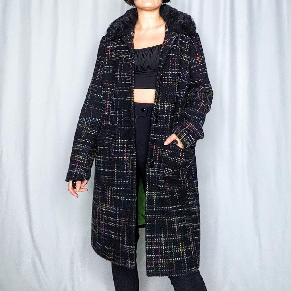 2000s rainbow tweed duster coat